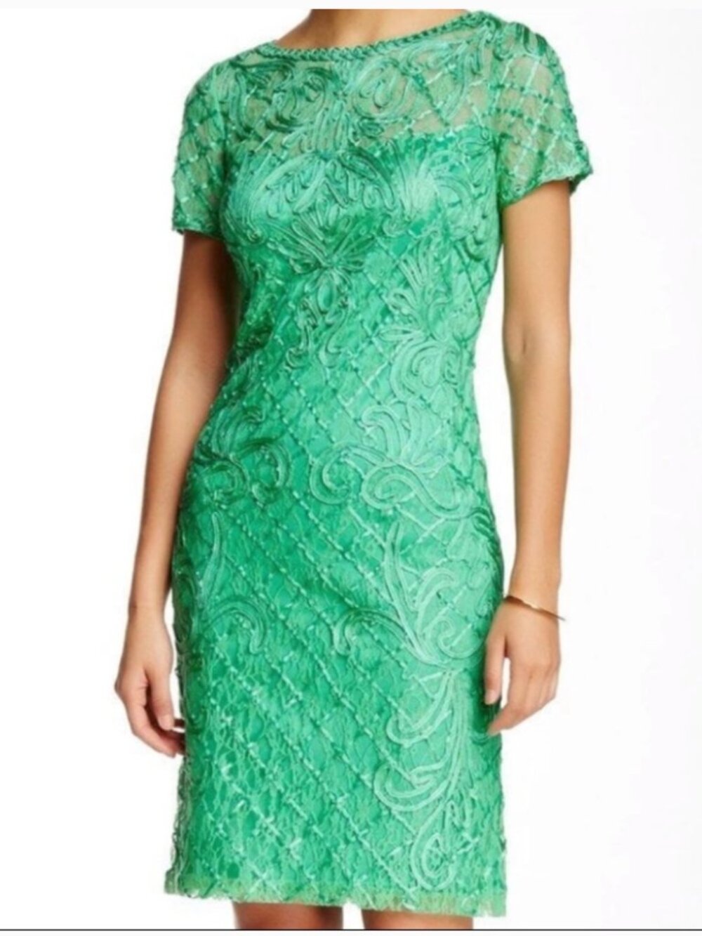 NEW Sue Wong Emerald Green Illusion Ribbon Embellished Lace Dress